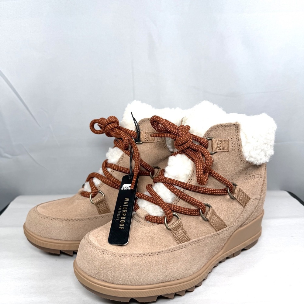 Sorel Evie Cozy Lace Up Wedge Tawny Suede Waterproof Boots - Women's Sz 5 NEW